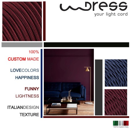 Câble électrique rond gainé de tissu coloré bordeaux