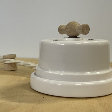 Interrupteur/Déviateur rotatif en porcelaine blanche avec bouton en bois