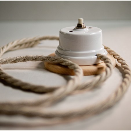 Bouton pour sonnette en porcelaine blanche avec base en bois  - Accessoires en porcelaine pour l’éclairage