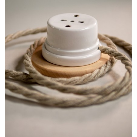 PRISE BIVALENTE EN PORCELAINE BLANCHE AVEC BASE EN BOIS