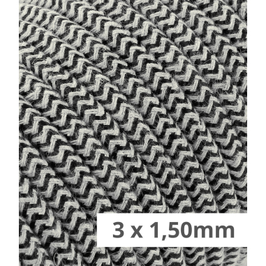 Rundes, textilummanteltes Elektrokabel in Sand und Schwarz mit Zickzack-Muster.