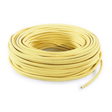 Câble électrique rond gainé de tissu coloré motif zig zag blanc et jaune