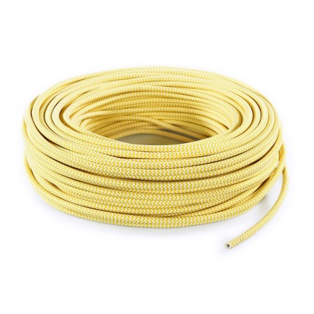 Câble électrique rond gainé de tissu coloré motif zig zag blanc et jaune